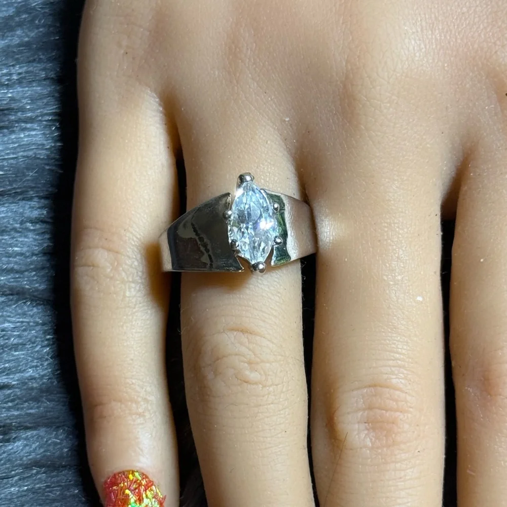 Silver Tone Marquise-Cut Clear Stone Ring - White‎